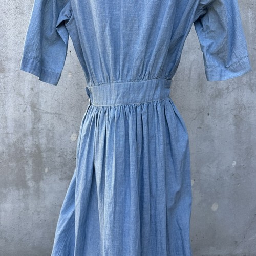 Antique Edwardian Blue Chambray Cotton Dress Workwear Prairie Maxi Vintage - Picture 20 of 23