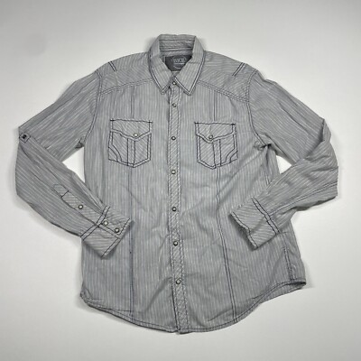Buckle BKE Shirt Men Large Blue Gray Stripe Athletic Fit Long Sleeve Pearl Snap