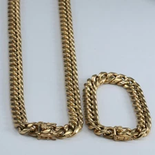 Men's Miami Cuban Link Bracelet Chain Combo Set Gold Plated Stainless Steel