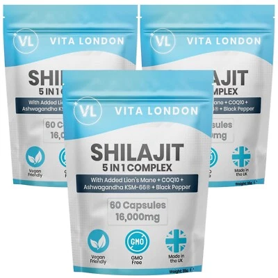 VITA LONDON Shilajit 16,000mg Resin + Lions Mane + Ashwagandha + CoQ10 Caps (Not Gummies)