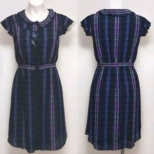 Banana Republic Button Down Ruffled Trim Pleated Collar Plaid Dress US 4