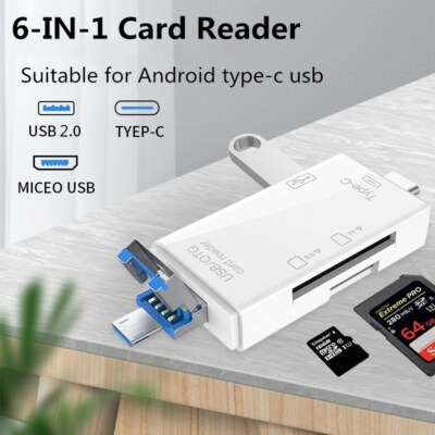 6-IN-1 Card Reader Micro USB 2.0 Type C To SD Micro SD TF Adapter Smart Memory