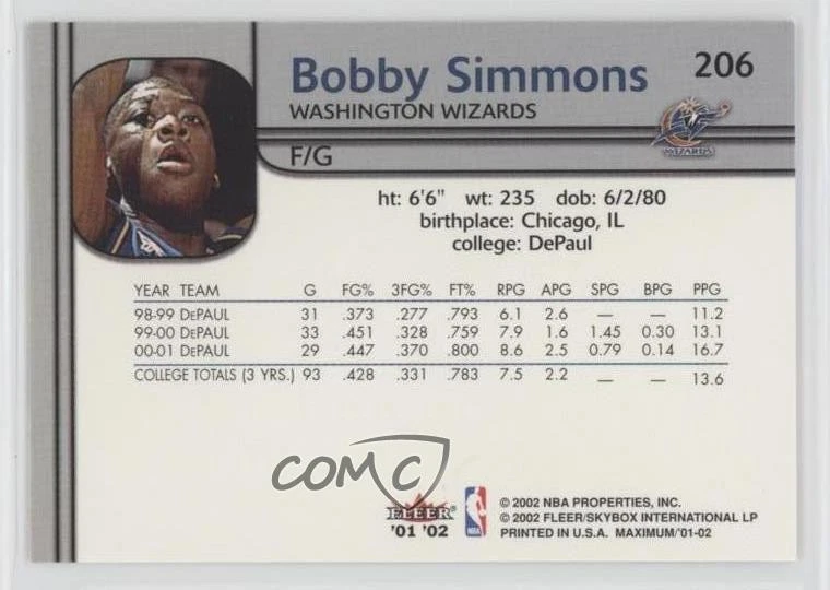 2001-02 Fleer Maximum True Colors /1000 Bobby Simmons #206 Rookie RC - Image 2 of 2