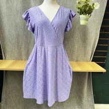 SHIRLEY & STONE Purple Eyelet Faux Wrap Dress size large pockets elastic waist