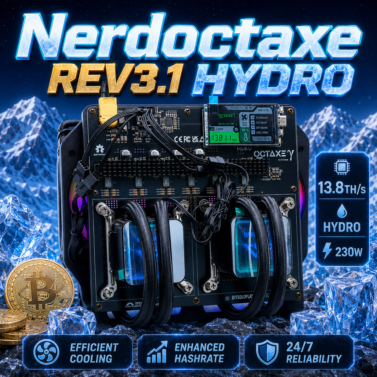 2026 New NerdOCTAxe Rev 3.1 Hydro 13.8TH/s Bitcoin Miner SHA256 BTC Solo Miner