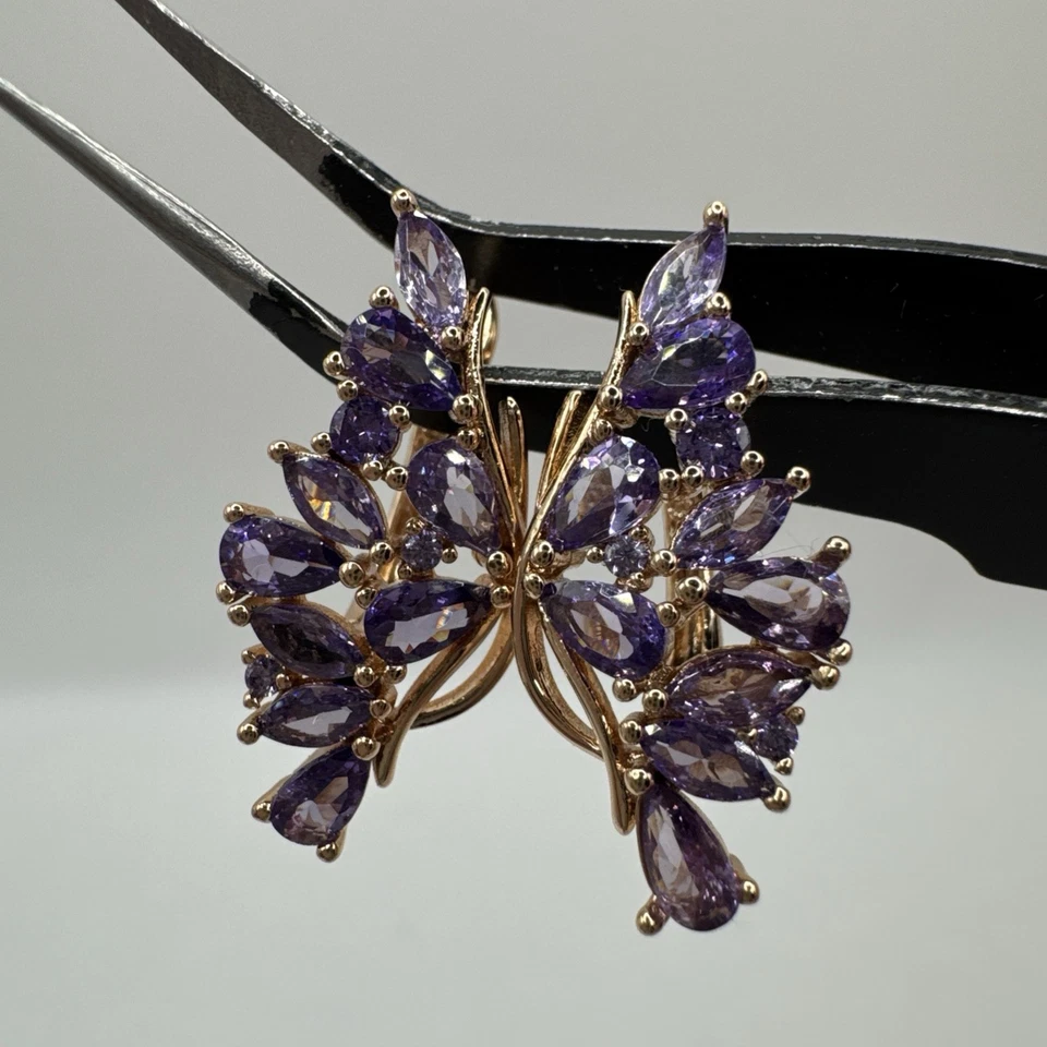 Pendientes unidos de oro enrollado de 14 quilates mariposa amatista púrpura con sello 585RG Foto 2 de 4