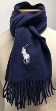 RALPH LAUREN VNTG POLO SCARF ONE SIZE 100 WOOL BLUE W LARGE WHITE LOGO  FRINGE