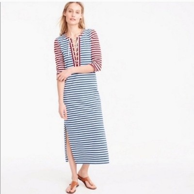 J. Crew Sammie Stripe Baltic 3/4 Sleeve Lace Up Nautical Maxi Dress Size XXS NWT