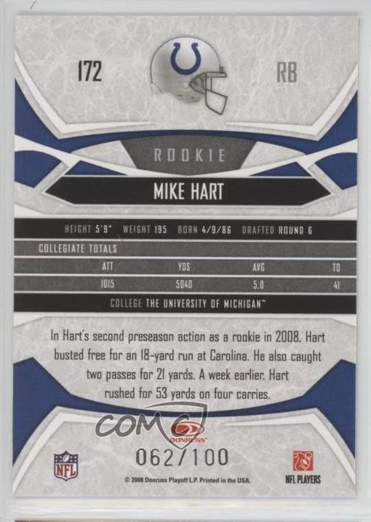 2008 Donruss Gridiron Gear Rookie Gold X's /100 Mike Hart #172 Rookie RC - Image 2 of 2