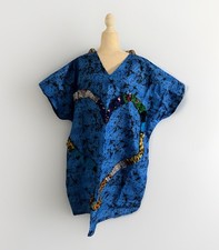African Ankara Wax Short Summer Dress Blue, One Size ,Side Pockets