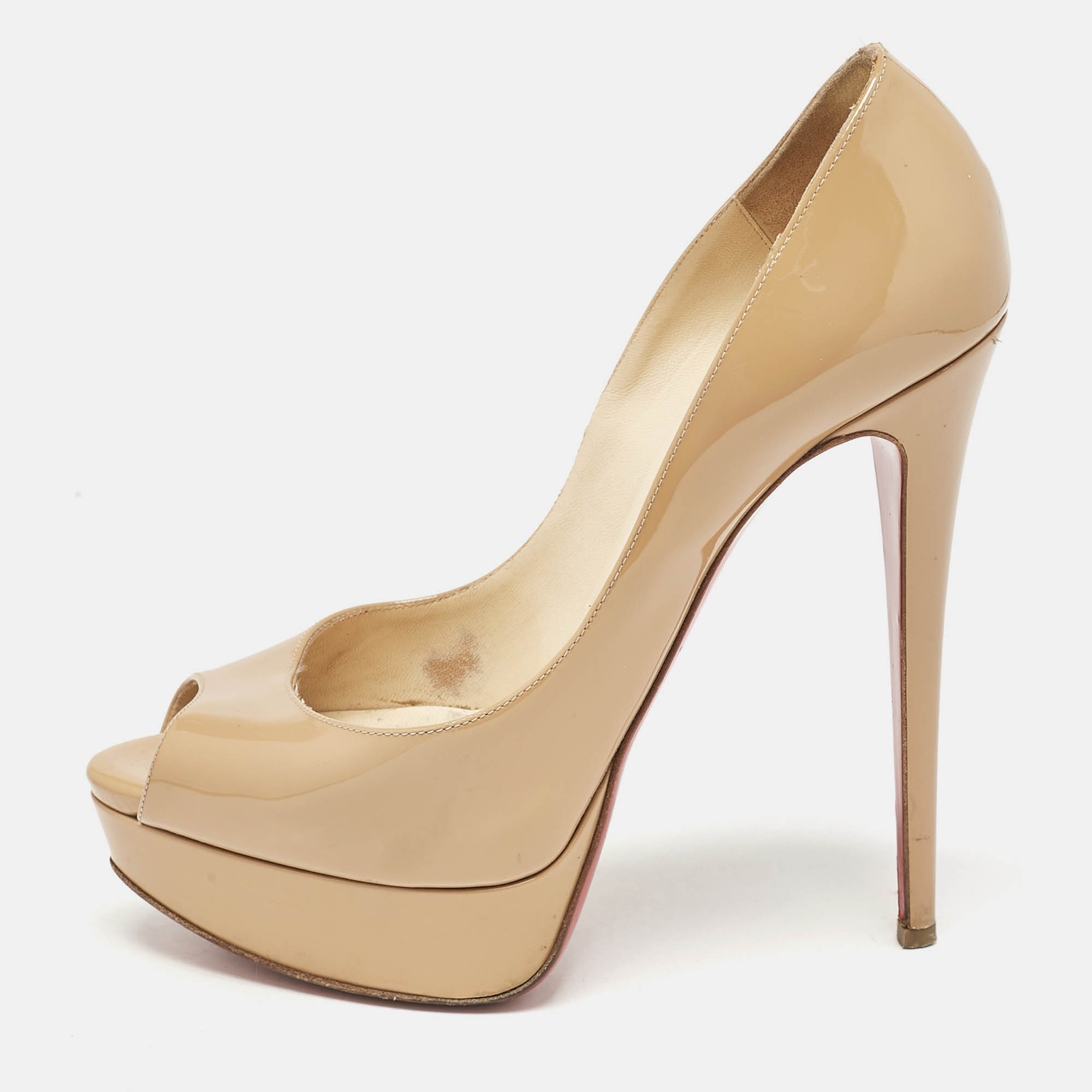 Christian Louboutin Beige Patent Leather Very Prive Peep Toe Pumps Size 39