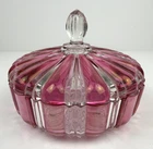 Vintage Anchor Hocking Old Cafe Style Striped Pink Cranberry Candy Dish w/ Lid