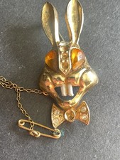 VINTAGE Rabbit Head Brooch Gold Tone Amber Rhinestone Eyes Bow Tie Bunny