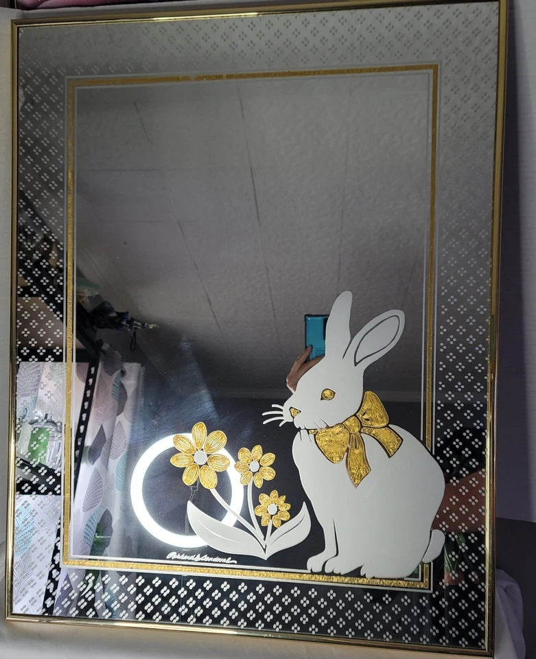 Cottagecore Vintage Rabbit & Flower Etched Mirror Signed by Richard Sandoval - Image 2 of 4