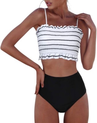 RXRXCOCO Womens Shirred Bandeau Bikini Cute Two Piece Swimsuit Off Shoulder