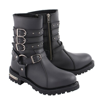 Milwaukee Leather MBL9399 Womens Black Triple Strap Buckle Leather Harness Boot