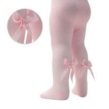 Mädchen Strumpfhose Feinstrick gerippte Strümpfe mit Schleife Rosa Gr 92 98