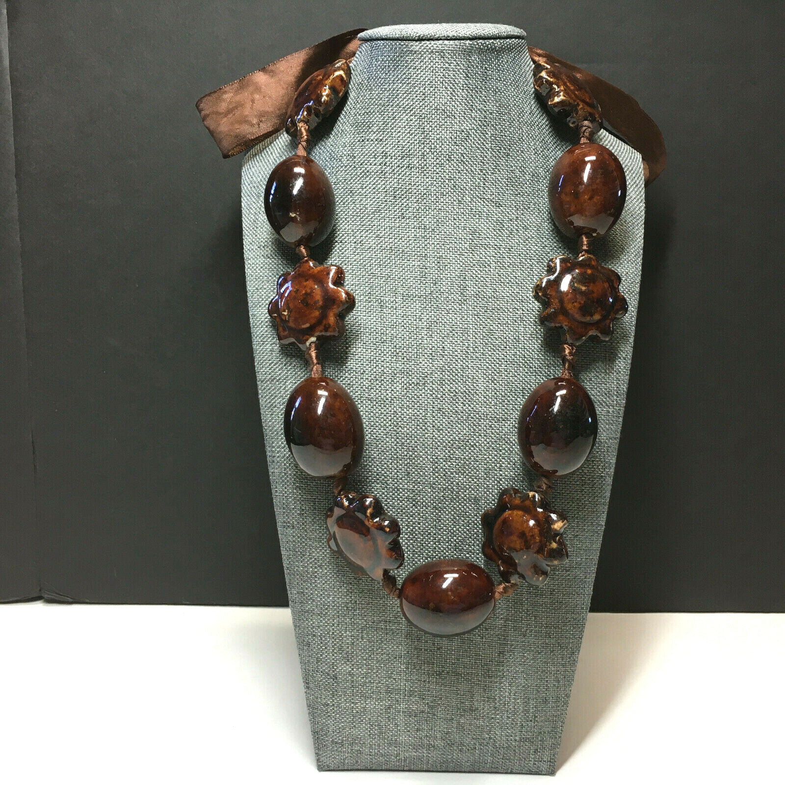 HUGE Chunky Heavy Brown Ceramic Statement NECKLAC… - image 1