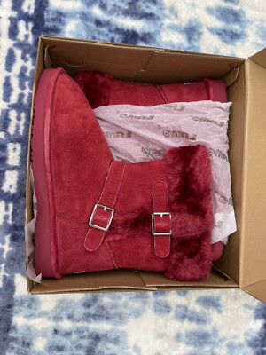 New in Box Leather Lamo Faux Fur Boots - buckles on side - Red Wine Color Size 9