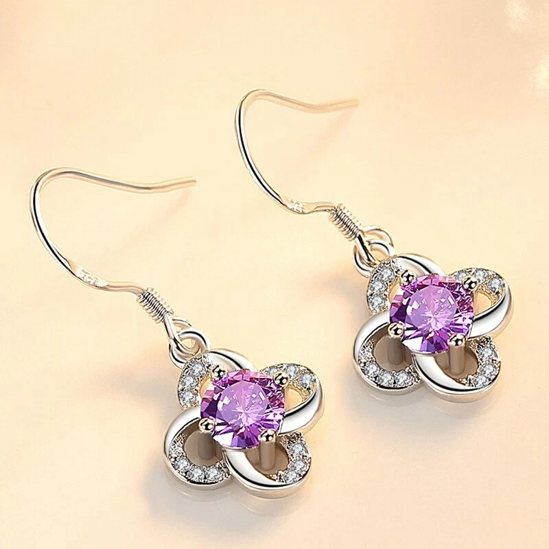 Mujeres 925 Plata Esterlina Joyería Cristal Eterna Suerte Trébol Pendientes Gancho Foto 3 de 4