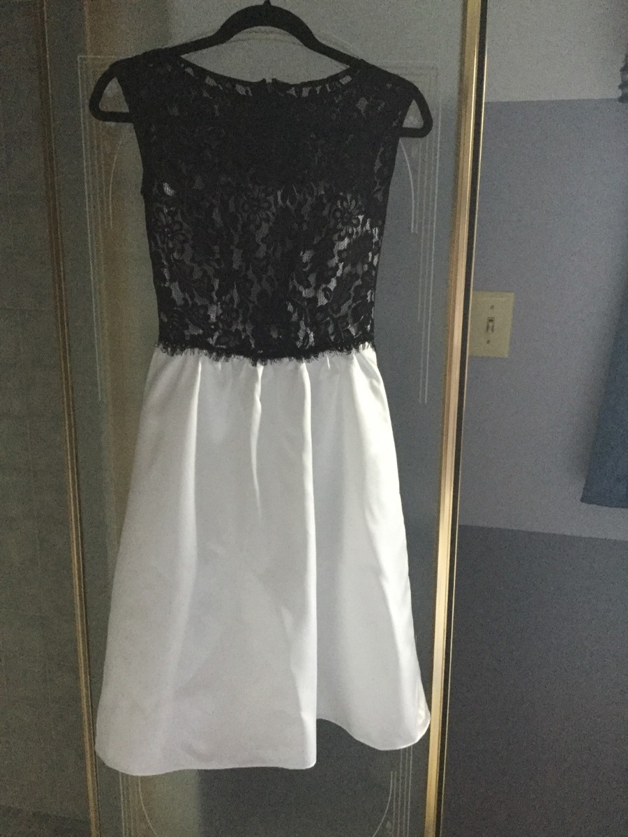 NWT After Six Style 6656 black/white cocktail length lace/satin dress