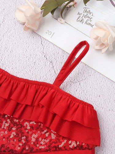 Girls Sequined Ruffled Ballet Dance Crop Top Modern Jazz One Shoulder Cami Vest - Picture 38 of 66