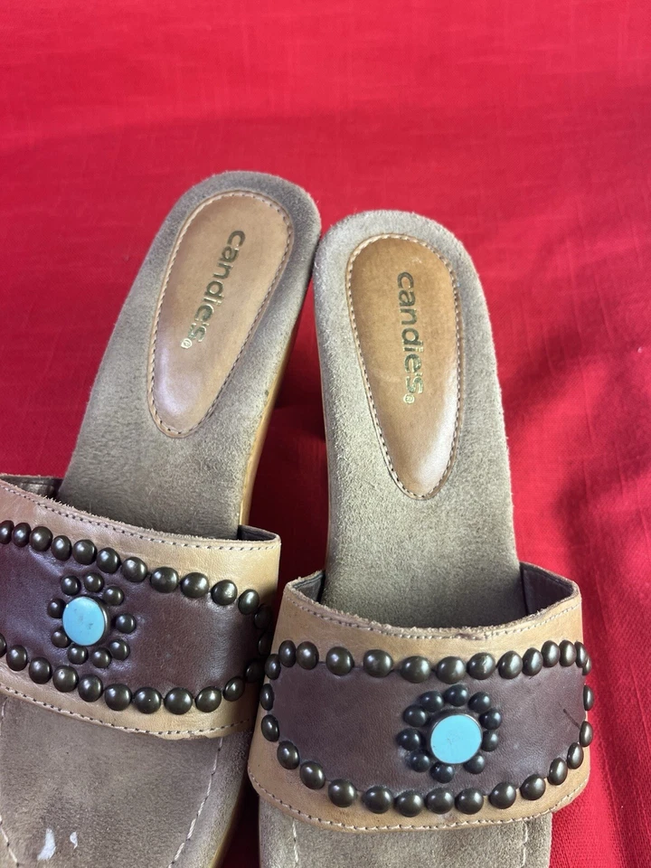 Candie's кожаная обувь 7 1/2 желтовато-коричневый дерева коренастый блок каблуки запонки бирюзовый шпильки sw - Изображение 4 из 4