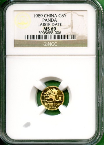 PANDA GOLD 1989 LARGE DATE 1/20 OZ NGC MS 69 0.999 5 YUAN