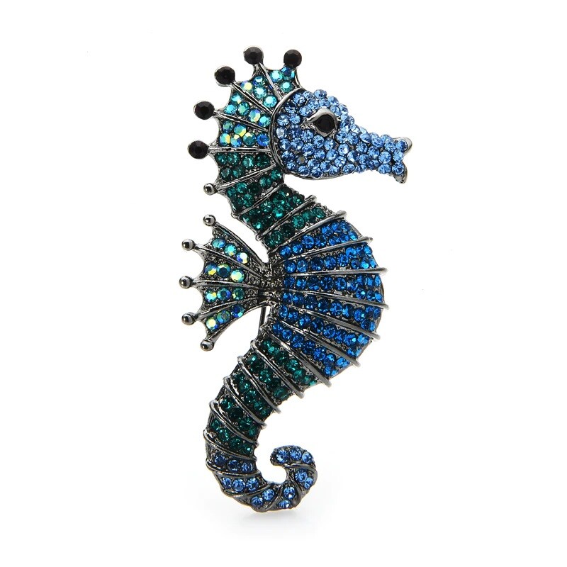 Blue Green Seahorse Crystal Rhinestone Brooch Pin Pendant with Gold Bag  