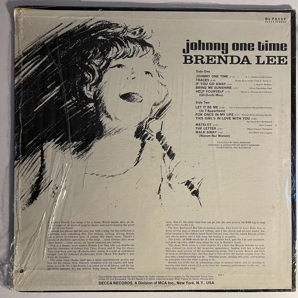 Brenda Lee ‎– Johnny One Time Vinyl, LP 1969 Decca ‎– DL 75111 - Image 2 of 3