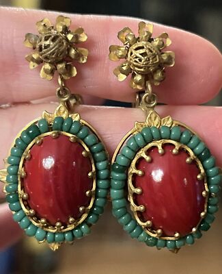 Vintage Miriam Haskell Red Glass Cabochon Green Bead Dangle Clip On Earrings