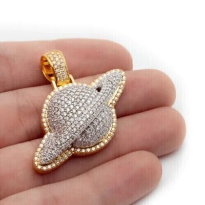 1.50 Ct Round Cut Real Moissanite Saturn Planet Pendant 14K Yellow Gold Finish