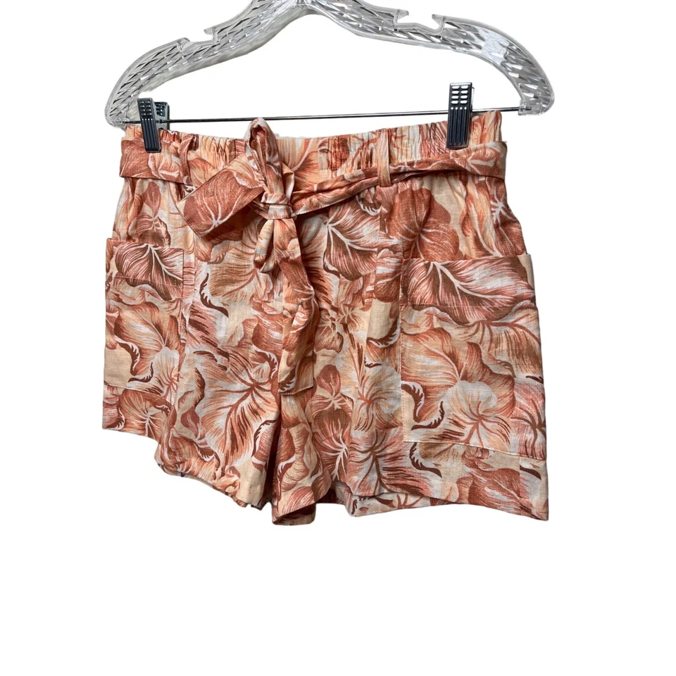 Pantalones Cortos Forever 21 Para Mujer Tiro Medio Alto Mezcla de Lino Pull On Naranja Floral Foto 4 de 4