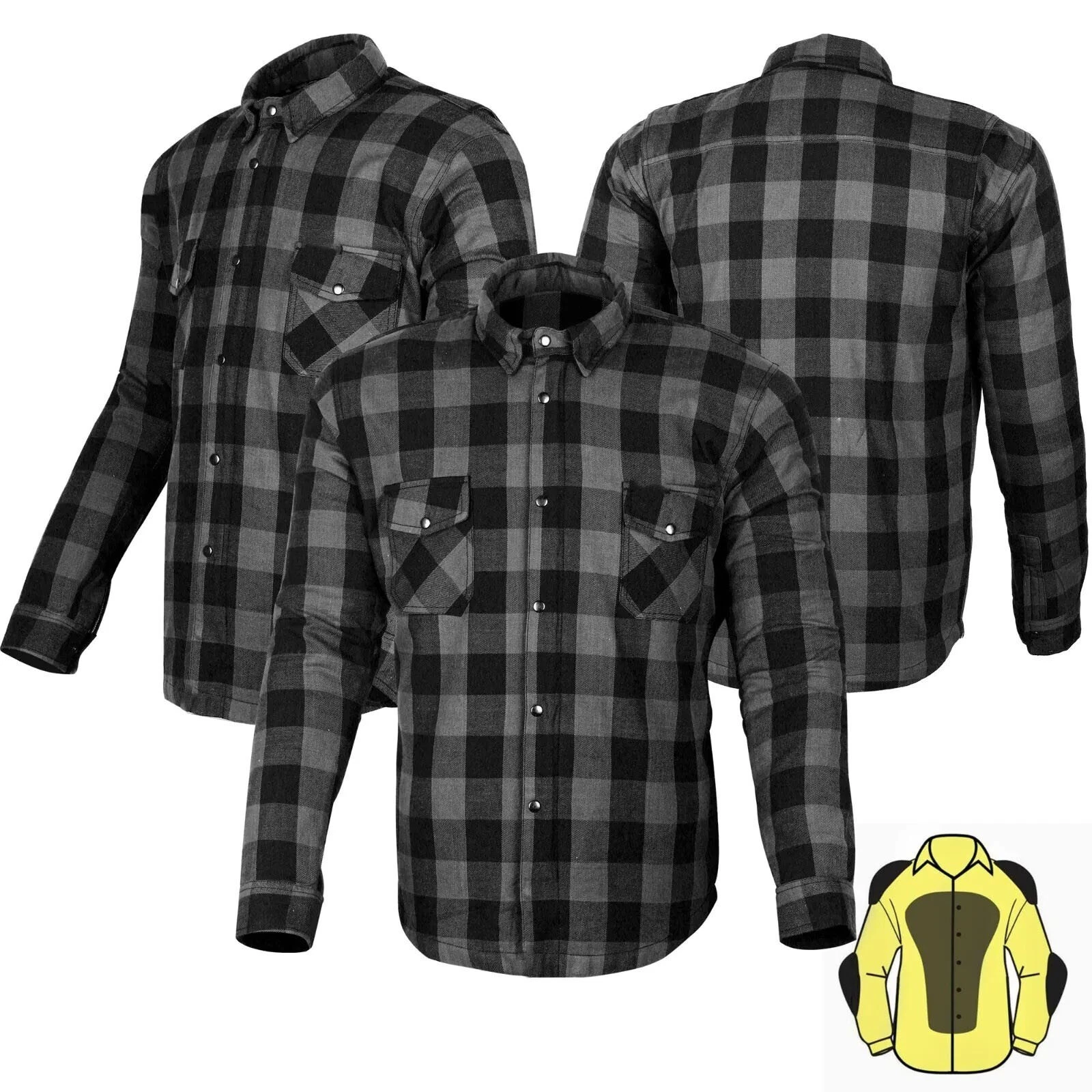 MOTORCYCLE RIDING FLANNEL SHIRT REINFORCED WITH ARMOUR- BLACK/ GREY