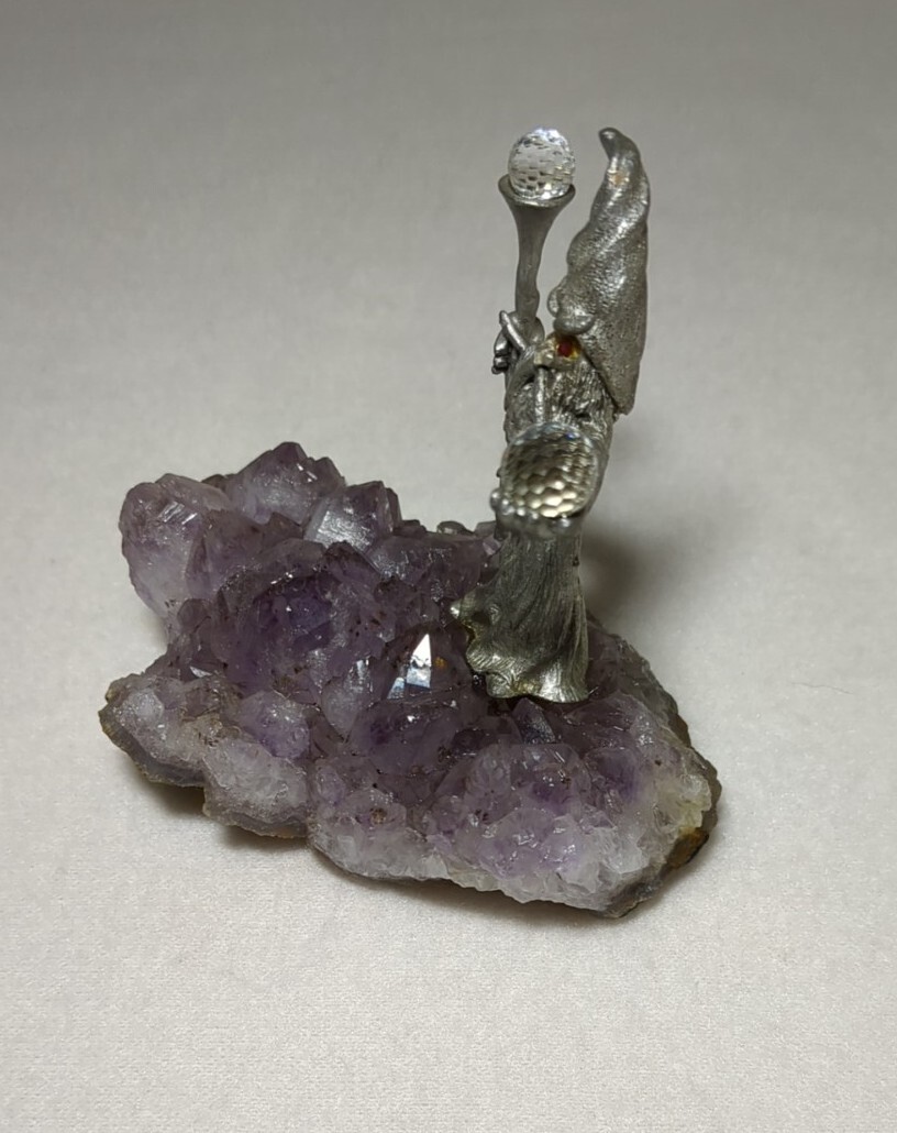 Vintage Pewter Wizard Figure w/ Staff and Orb on Amethyst Crystal