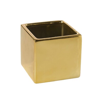 Gold Square Ceramic Cube 6.5x6''H | Floral Container | Centerpiece, 1 Pc