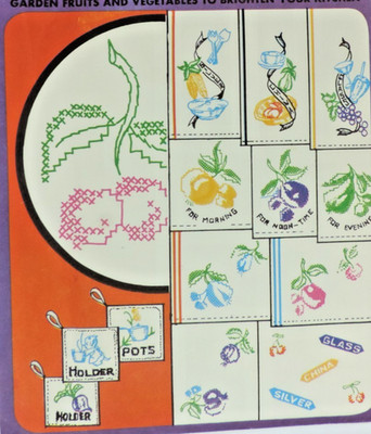 1970s Vogart Embroidery Transfers #211 Fruit/Vegetables/Pot/Cat/Text++