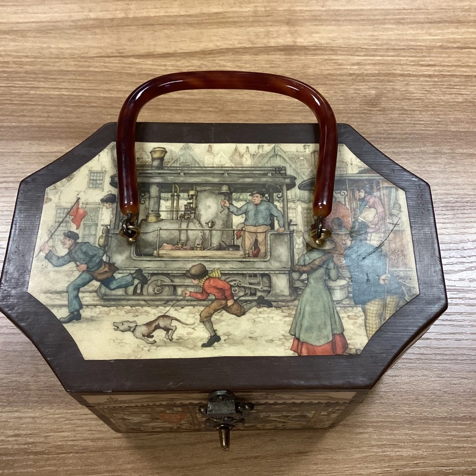 VTG Anton Pieck Scenic Decoupage Lucite Handle Wooden Hinged Purse Octagon - Image 2 of 4
