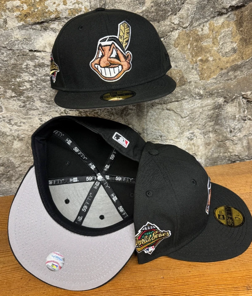 Chapéu preto Cleveland Indians Wahoo rosto de cobre New Era ajustado clube 59Fifty raro! - Imagem 4 de 4