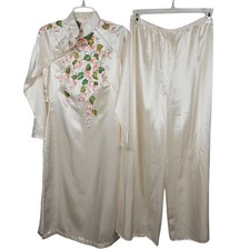 VTG Robe  Pant Sleepwear Set White Satin Floral Soft Loungewear Retro MCM OS