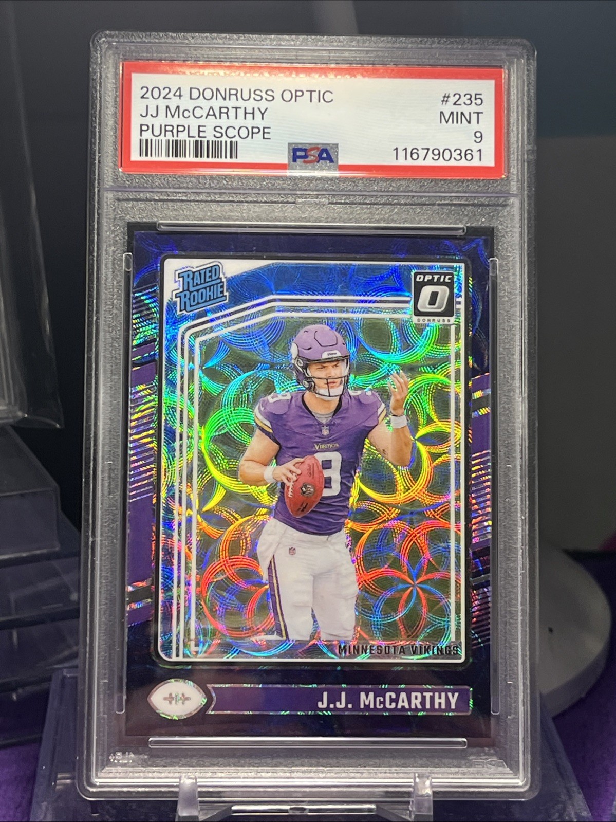 2024 Donruss Optic JJ McCarthy #235 Rated Rookie Purple Scope PSA 9 Vikings
