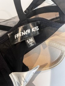 French KIss bustier corset Top Black over nude bust Eyehook clasps in back, S/M