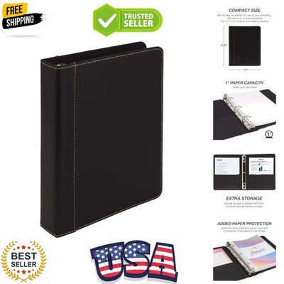 1'' Junior Size 3 Ring Binder, Leather, Black with Contrast Stitching, Holds 8...