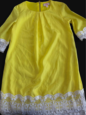 GB girls Girls Shift Dress Size S Yellow/White Lace Lined 3/4 Sleeve Zip