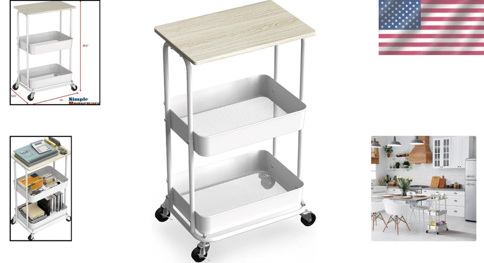 Elegante carro de almacenamiento de metal de 2 niveles con ruedas bloqueables y acabado de madera natural Foto 2 de 4