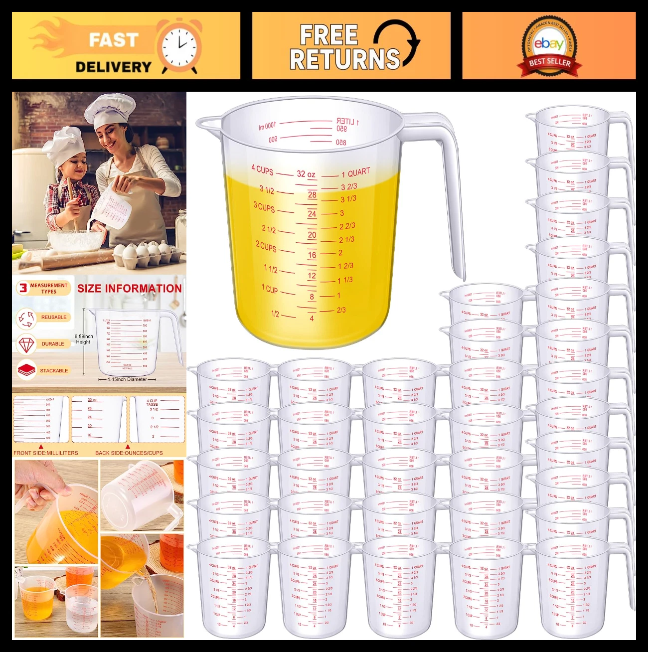 36 Pcs Clear Plastic Measuring Cups with Spout & Handle - 32 oz, 4 Cup Set for K
