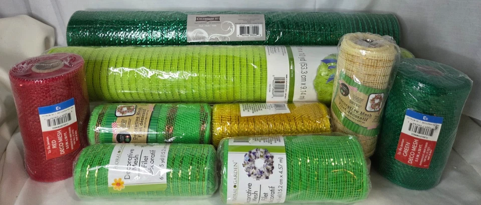 Lot of 9 Christmas Deco Mesh Ribbon(2) 21" Rolls & (7) 5.5''Rolls Green Red Gold - Image 2 of 4