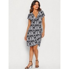 Mercer & Madison Black White Geometric Faux Wrap Ruched Dress Large