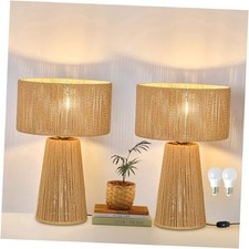 Boho Table Lamp Set of 2 Large Rattan Gold Nightstand Lamp with Dimmer Switch