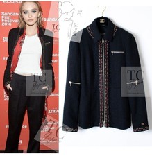 CHANEL 10PF Black Zipper Pocket Wool Silk Jacket Karl Lagerfeld 38 US6